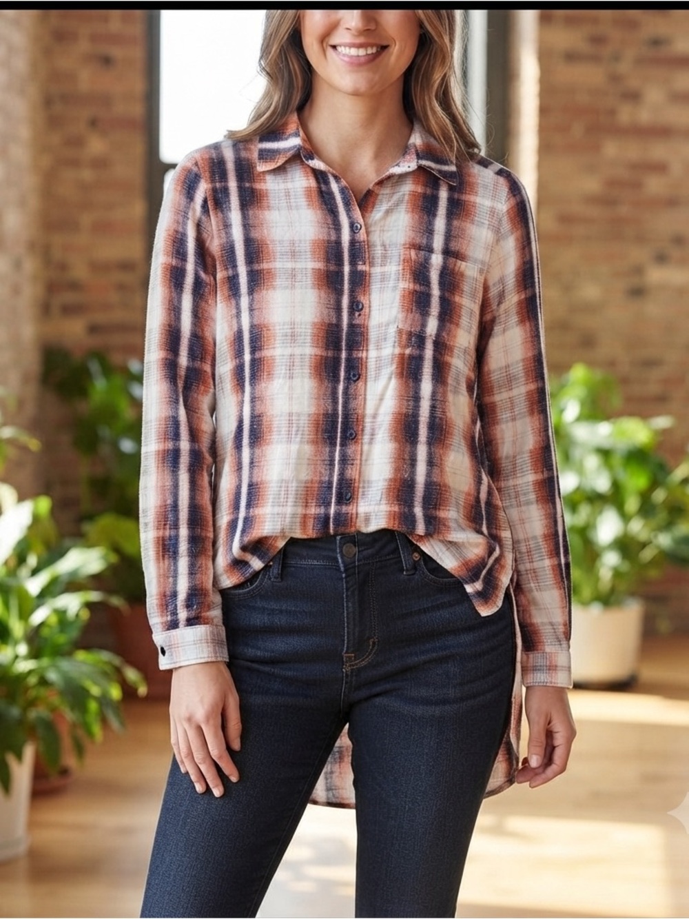 Black Rainn Plaid Long Sleeve Button Up Tunic Shirt- Orange Blue NWT. Large